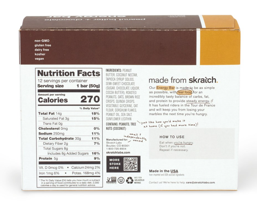Skratch Labs Energy Bar Sport Fuel 50g Peanut Butter Chocolate single